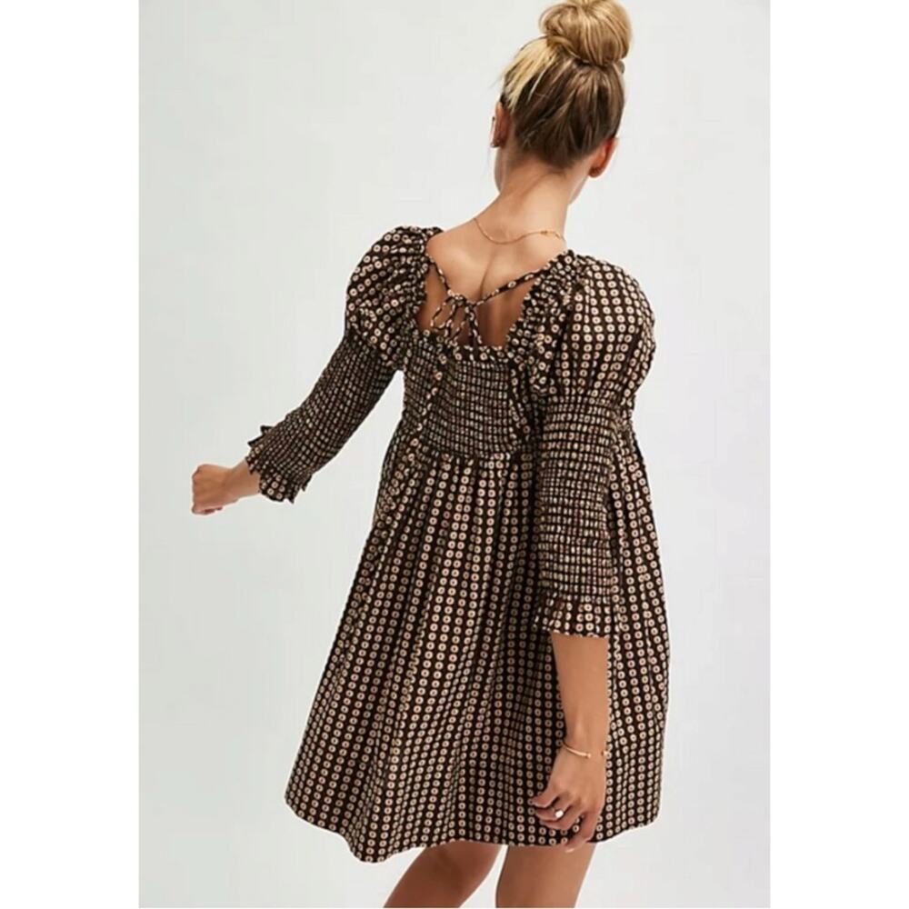 Free People Retro 70s Babydoll Star Dip Mini Dress in Black Combo Size Large - Picture 6 of 16